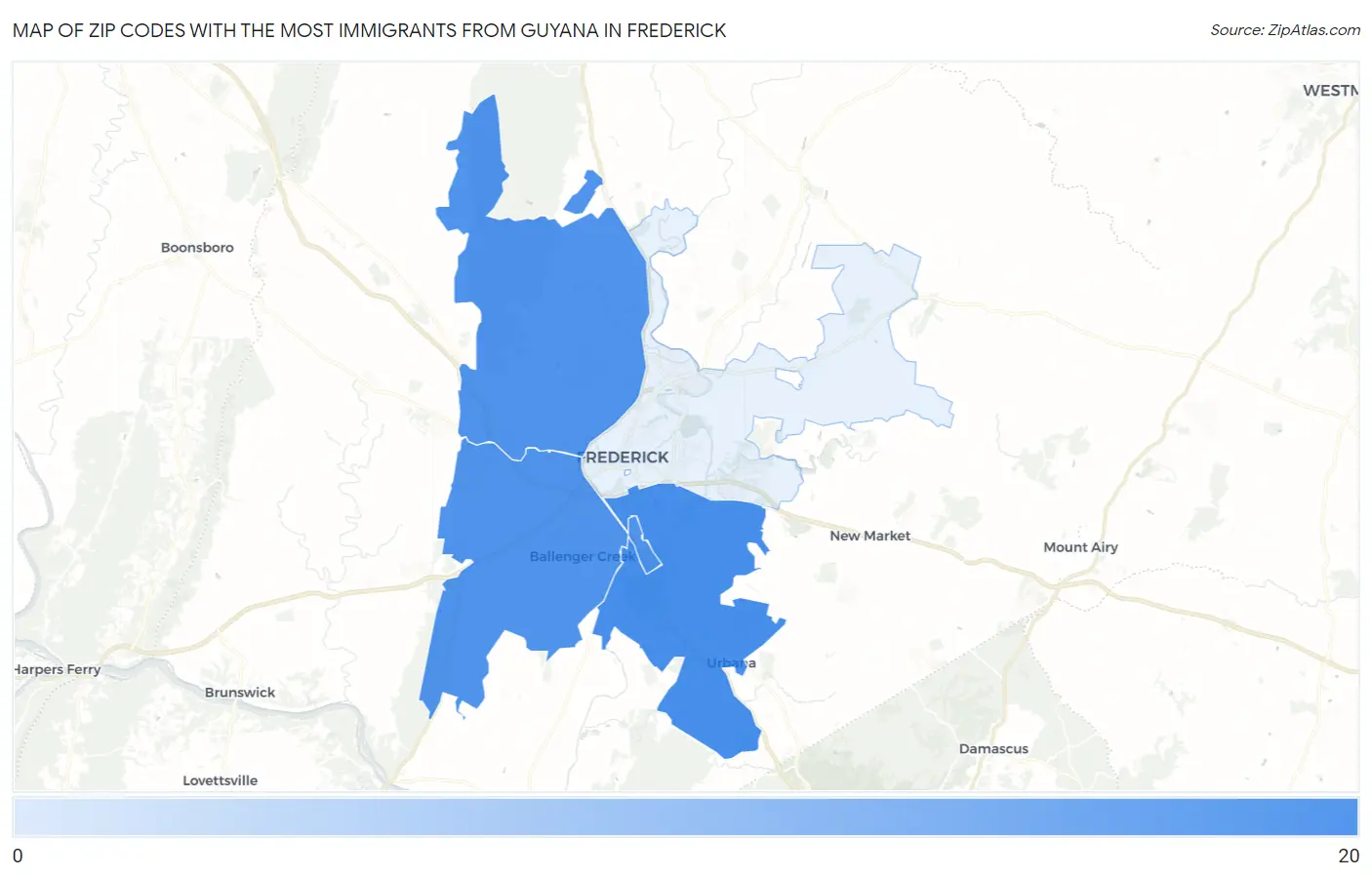 Zip Codes with the Most Immigrants from Guyana in Frederick Map