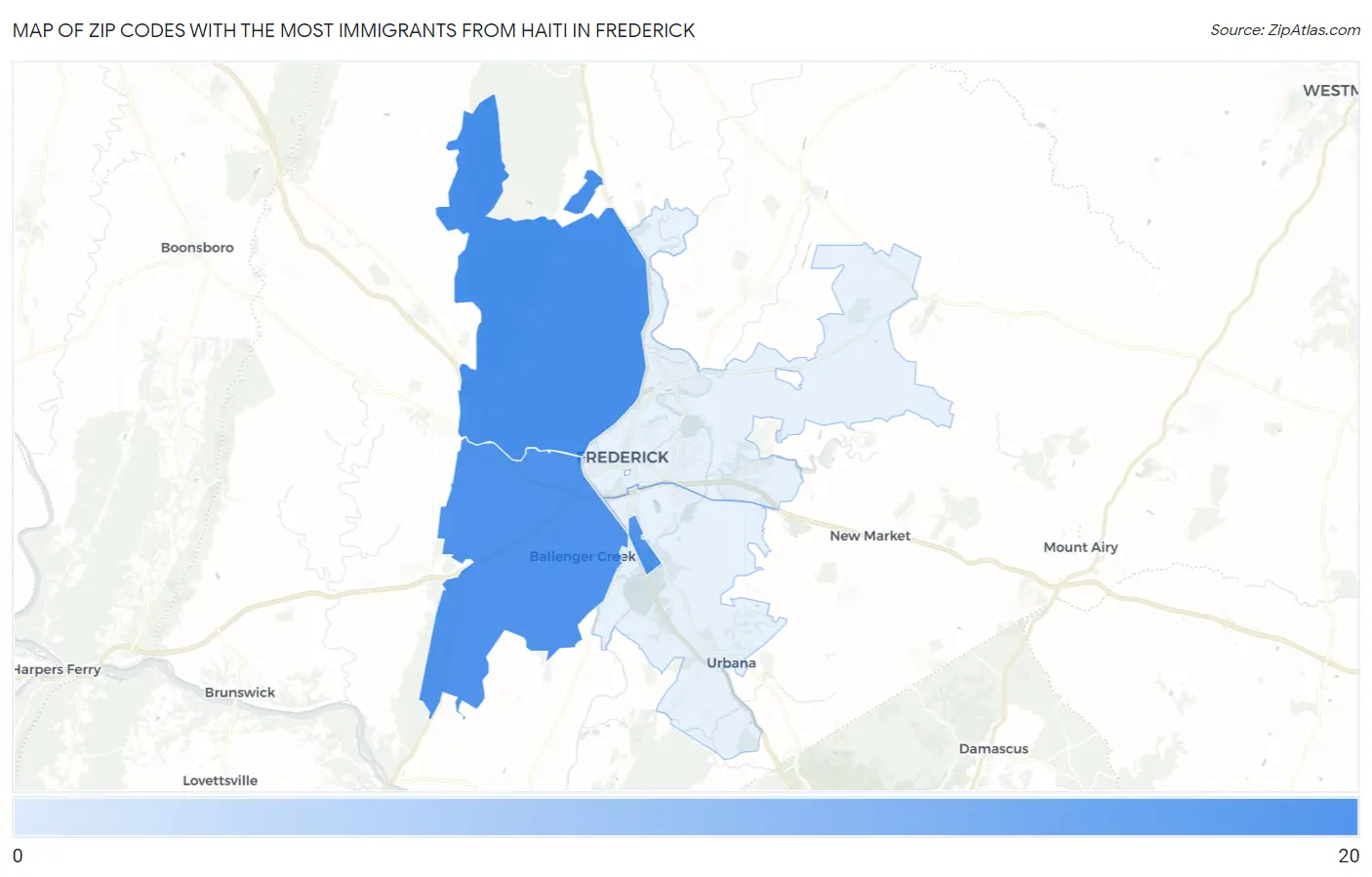 Zip Codes with the Most Immigrants from Haiti in Frederick Map