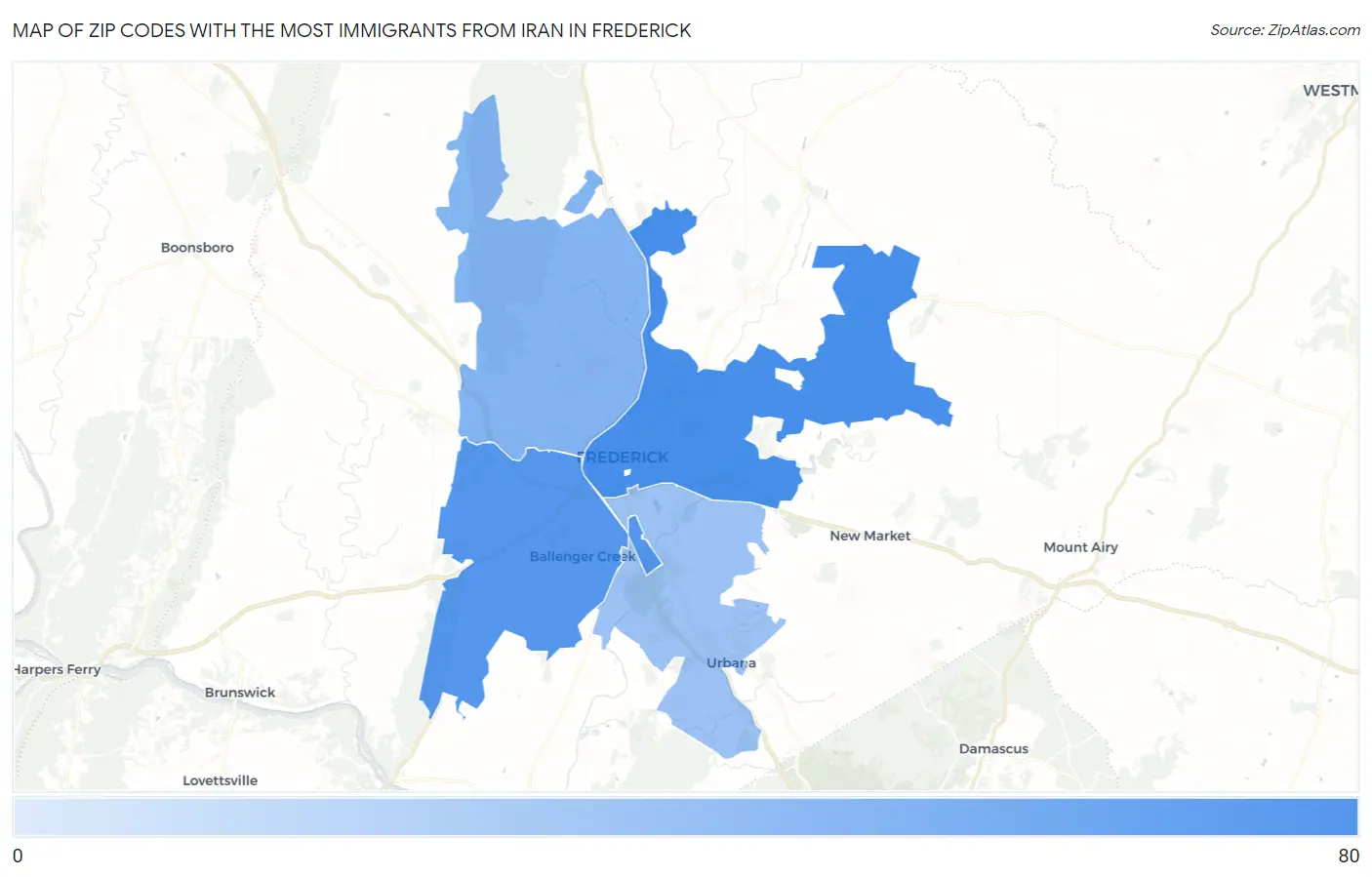Zip Codes with the Most Immigrants from Iran in Frederick Map