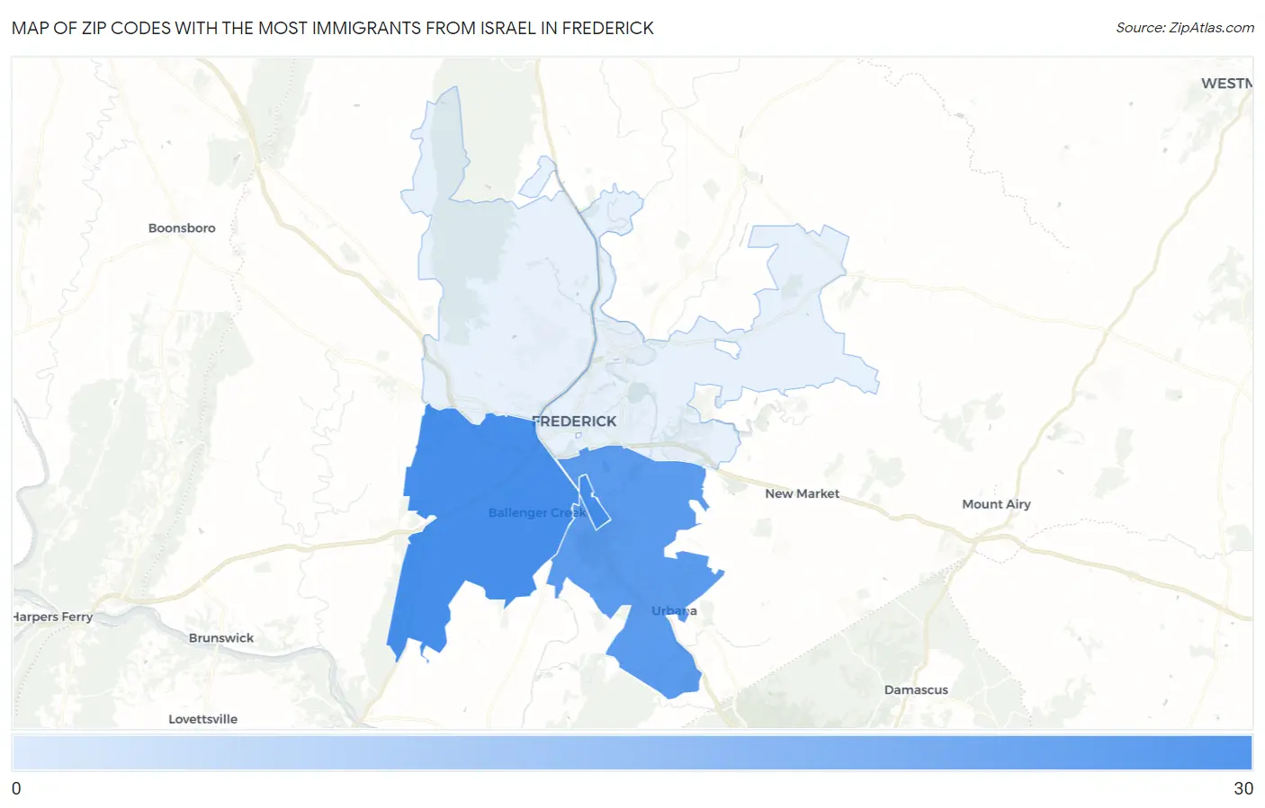 Zip Codes with the Most Immigrants from Israel in Frederick Map