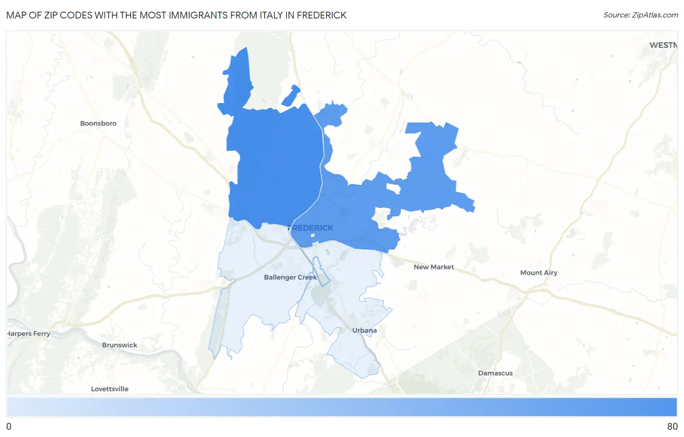 Zip Codes with the Most Immigrants from Italy in Frederick Map