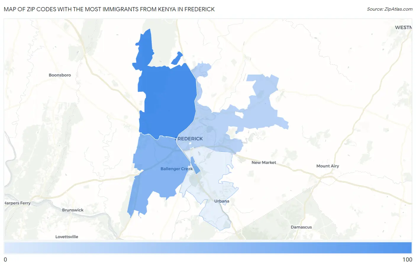 Zip Codes with the Most Immigrants from Kenya in Frederick Map