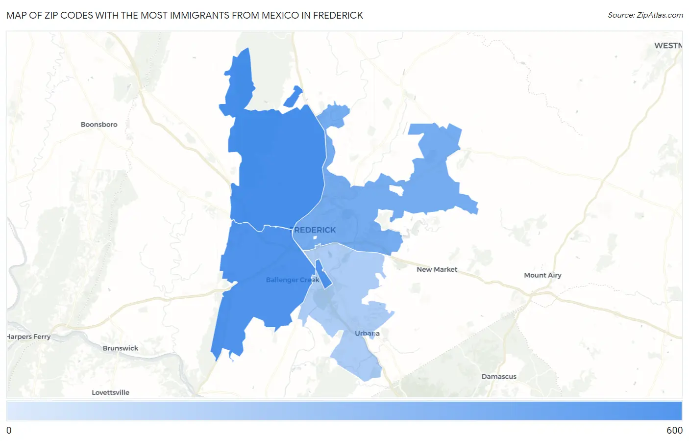 Zip Codes with the Most Immigrants from Mexico in Frederick Map