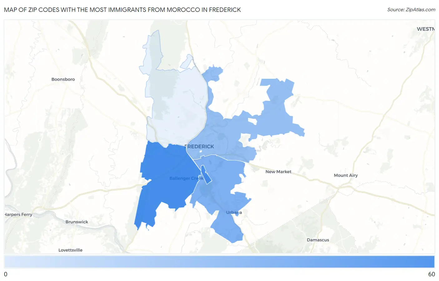 Zip Codes with the Most Immigrants from Morocco in Frederick Map