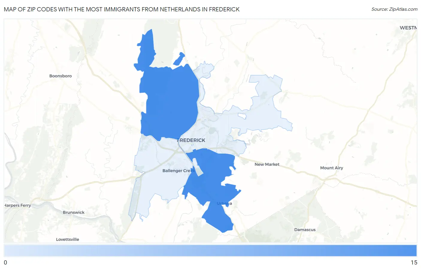 Zip Codes with the Most Immigrants from Netherlands in Frederick Map