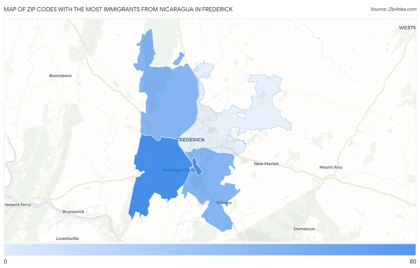 Zip Codes with the Most Immigrants from Nicaragua in Frederick Map