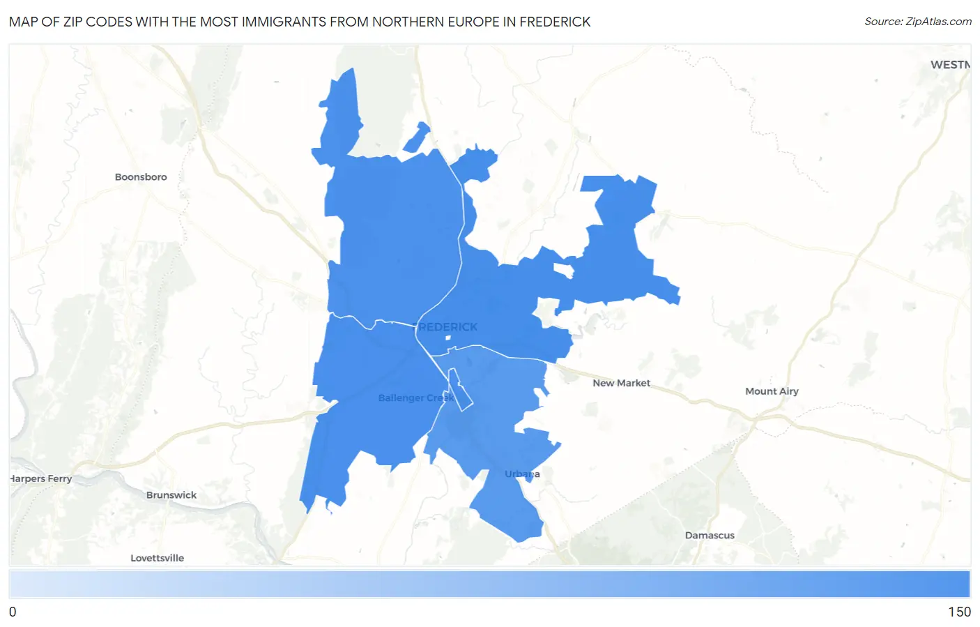 Zip Codes with the Most Immigrants from Northern Europe in Frederick Map