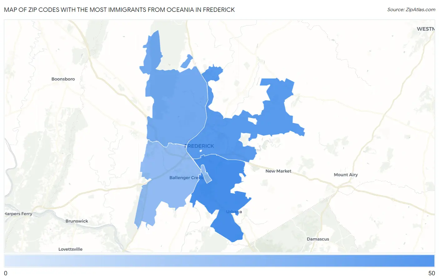 Zip Codes with the Most Immigrants from Oceania in Frederick Map