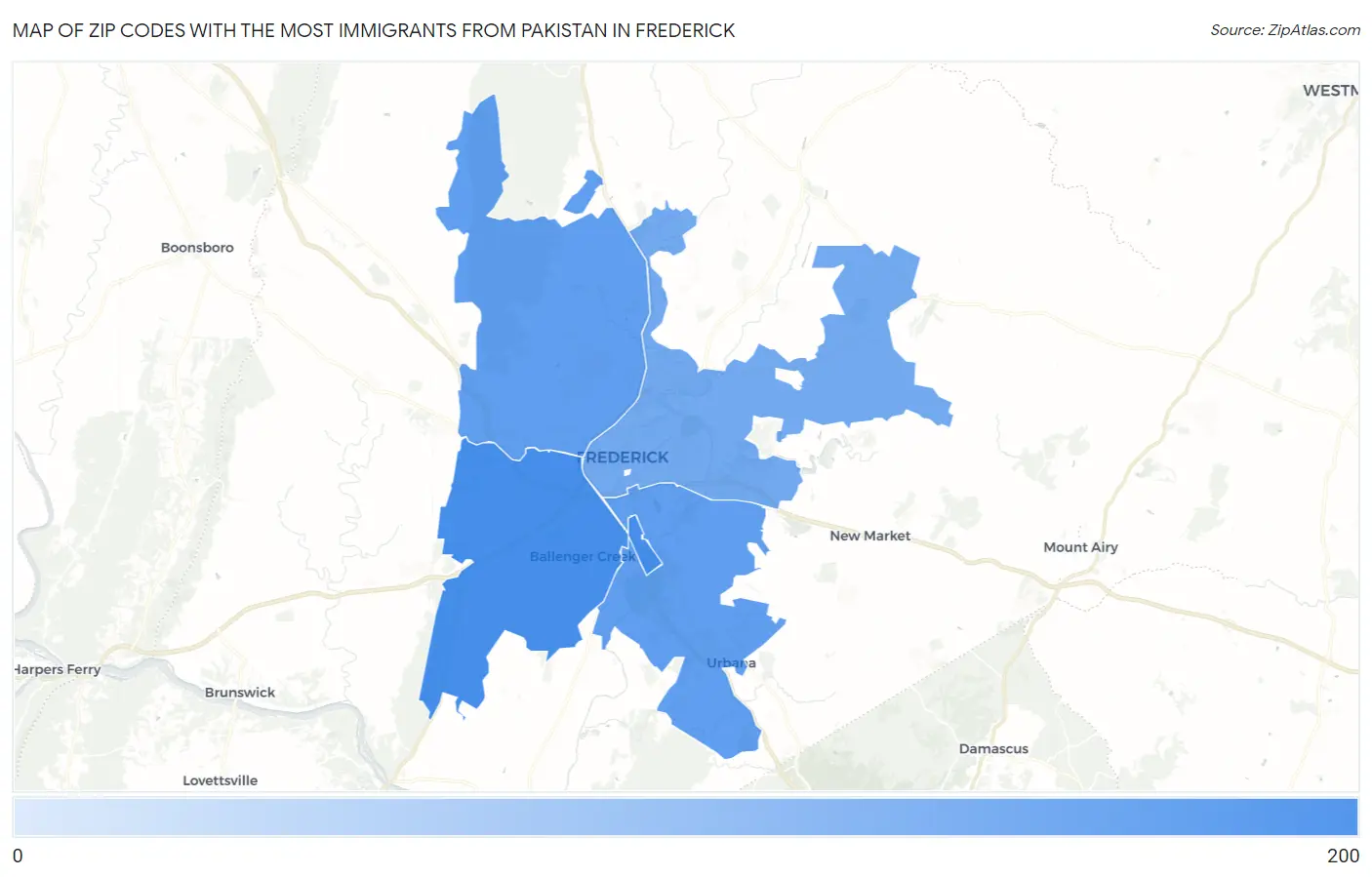 Zip Codes with the Most Immigrants from Pakistan in Frederick Map