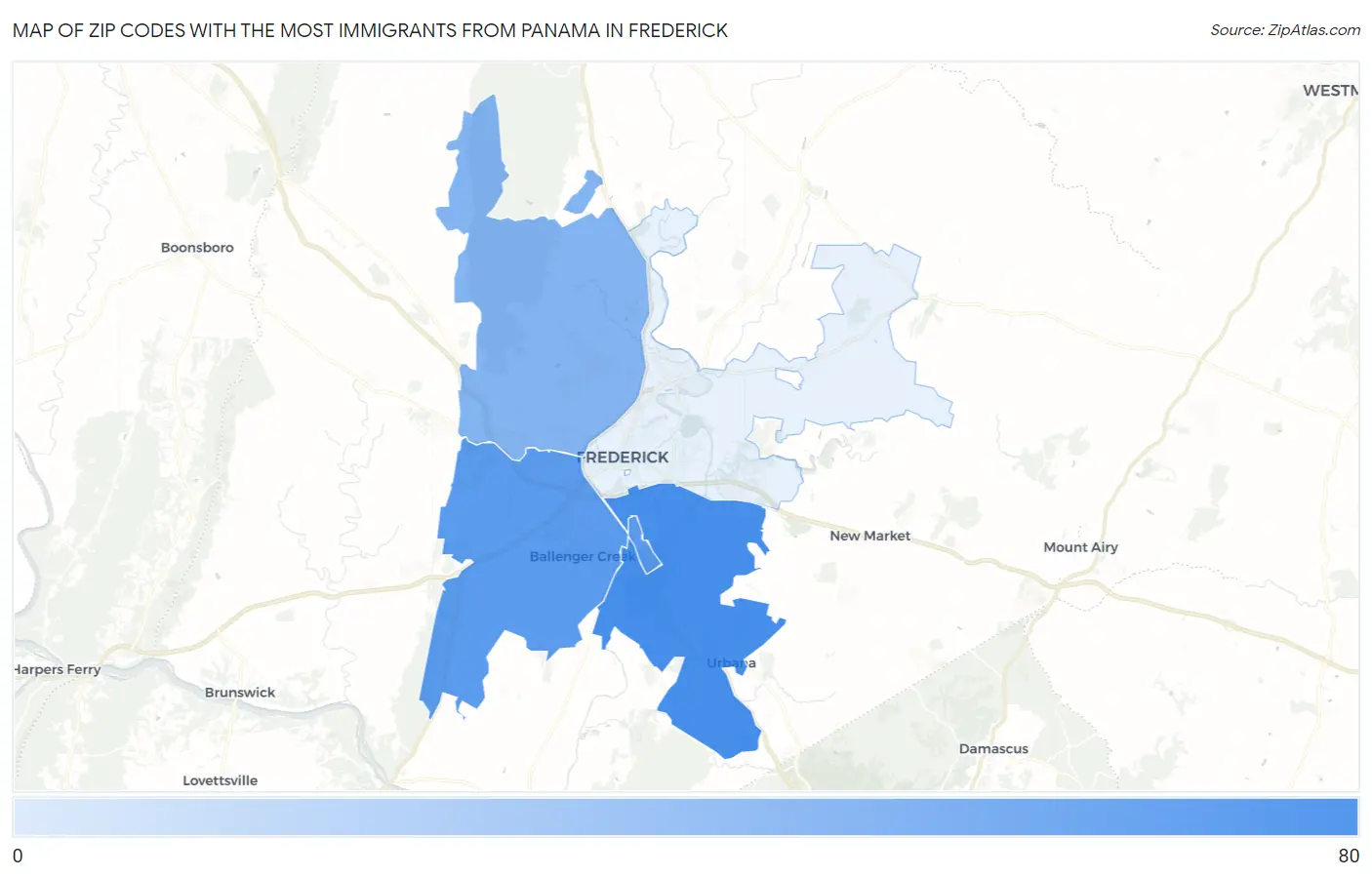 Zip Codes with the Most Immigrants from Panama in Frederick Map