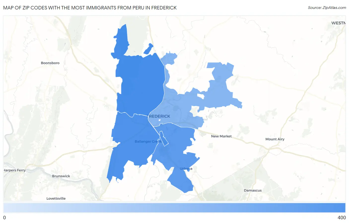 Zip Codes with the Most Immigrants from Peru in Frederick Map