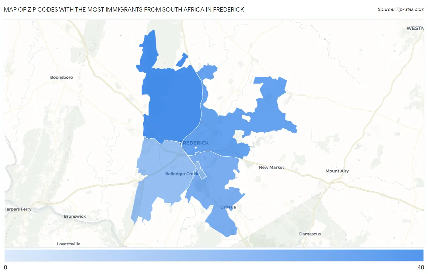 Zip Codes with the Most Immigrants from South Africa in Frederick Map