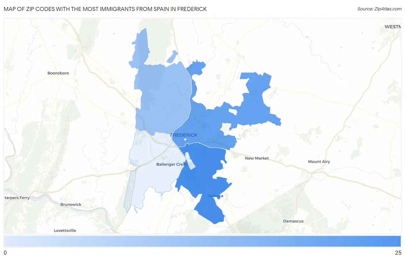 Zip Codes with the Most Immigrants from Spain in Frederick Map