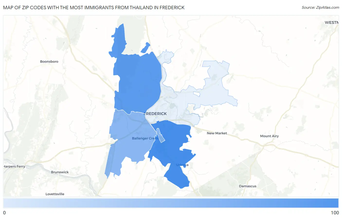 Zip Codes with the Most Immigrants from Thailand in Frederick Map