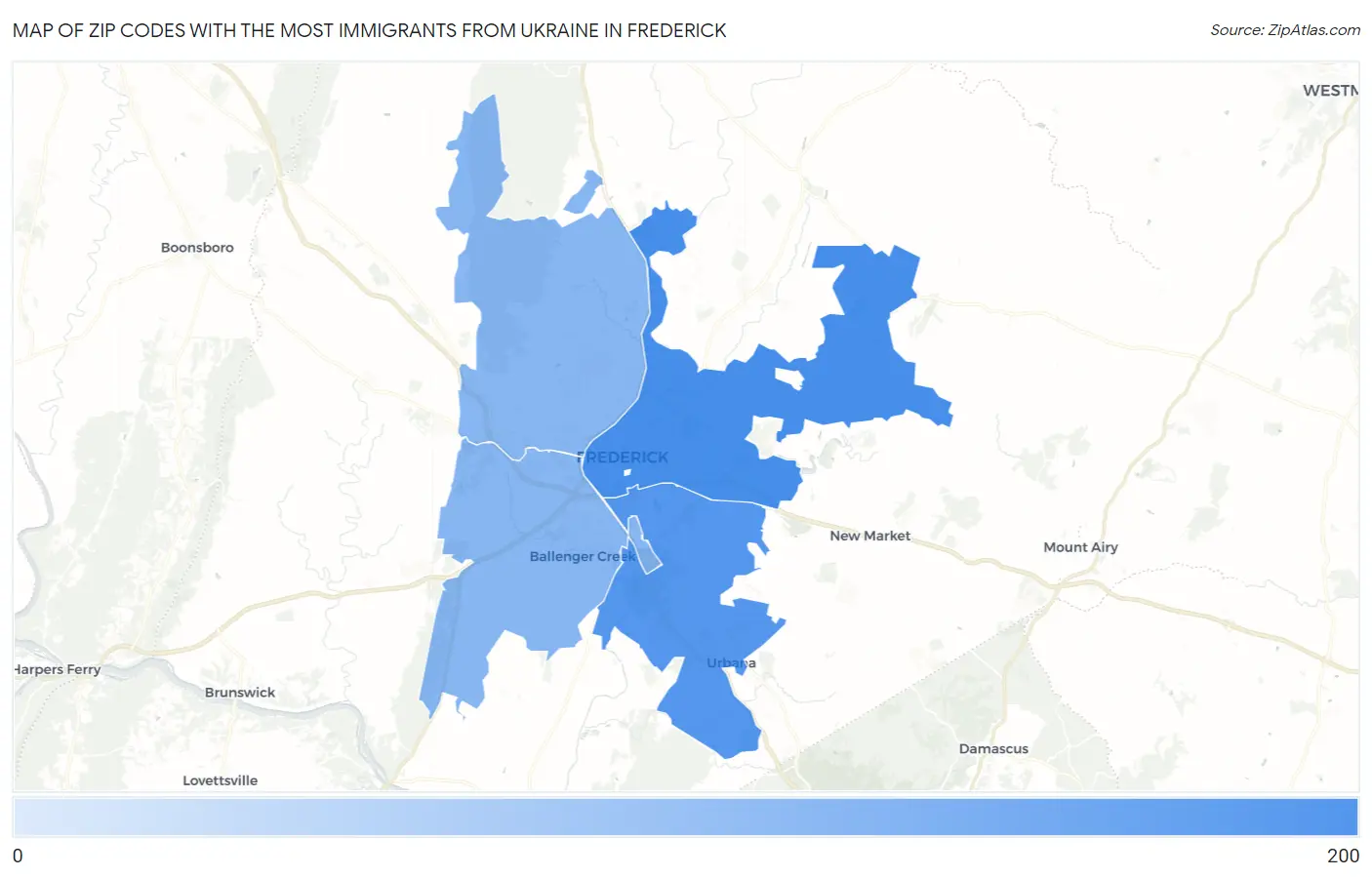 Zip Codes with the Most Immigrants from Ukraine in Frederick Map