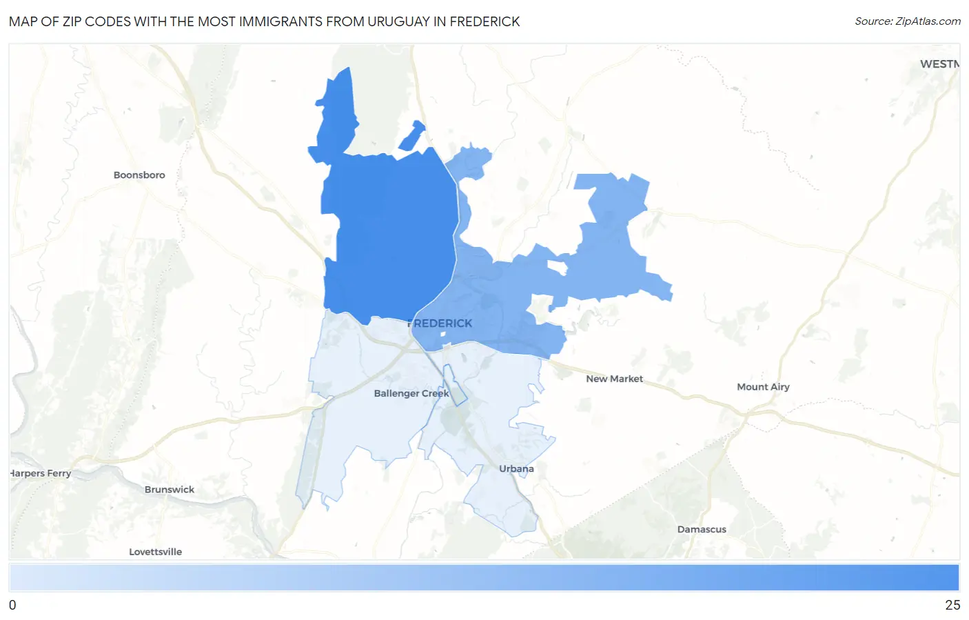 Zip Codes with the Most Immigrants from Uruguay in Frederick Map