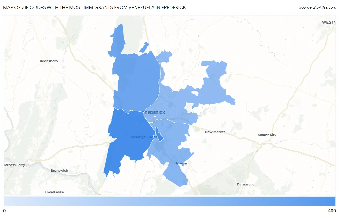 Zip Codes with the Most Immigrants from Venezuela in Frederick Map