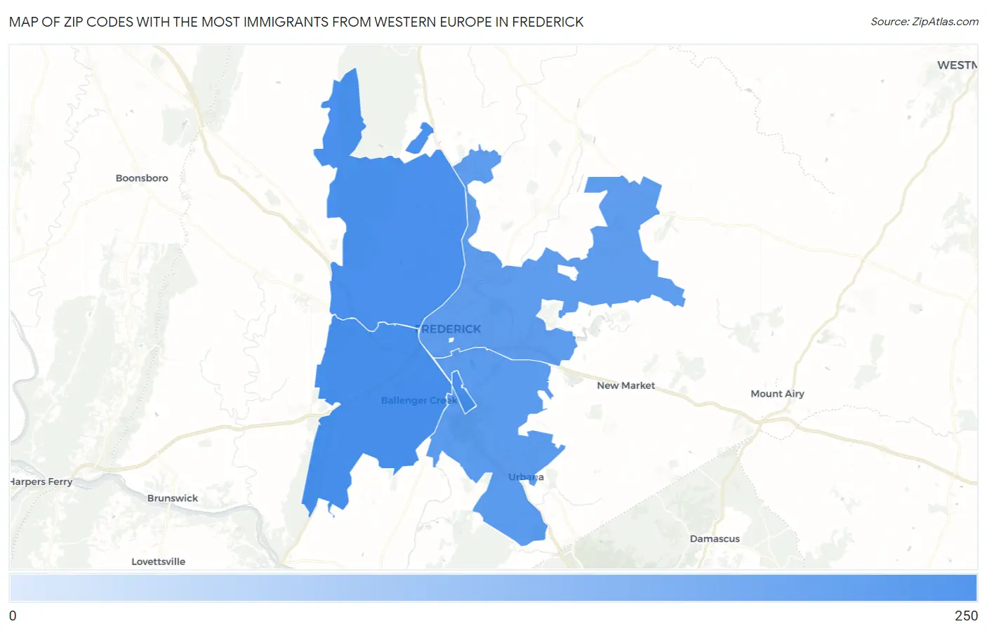 Zip Codes with the Most Immigrants from Western Europe in Frederick Map