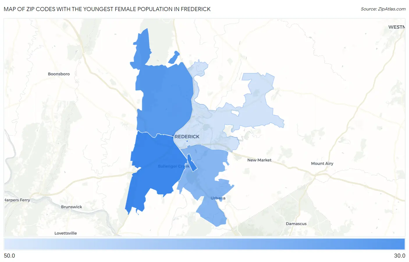Zip Codes with the Youngest Female Population in Frederick Map