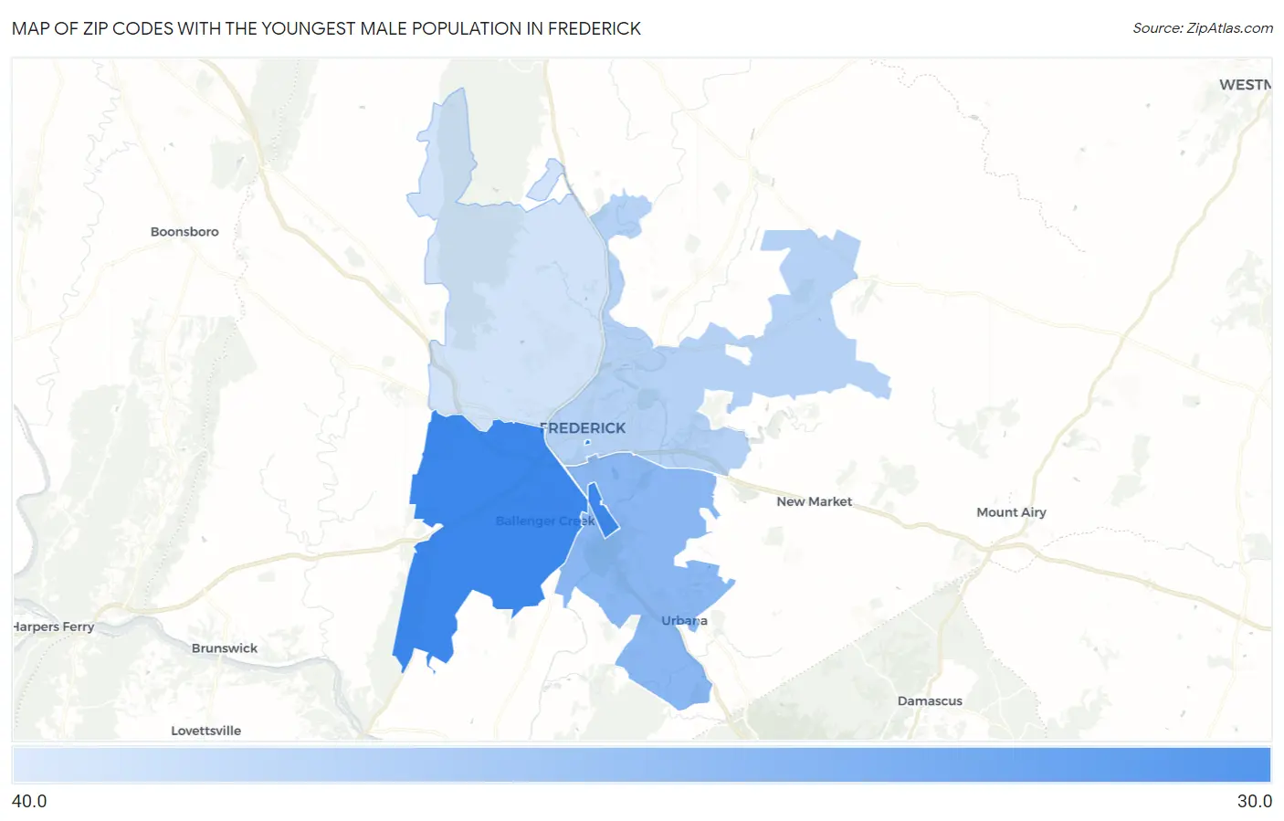 Zip Codes with the Youngest Male Population in Frederick Map