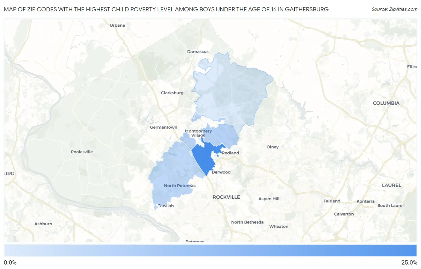 Zip Codes with the Highest Child Poverty Level Among Boys Under the Age of 16 in Gaithersburg Map