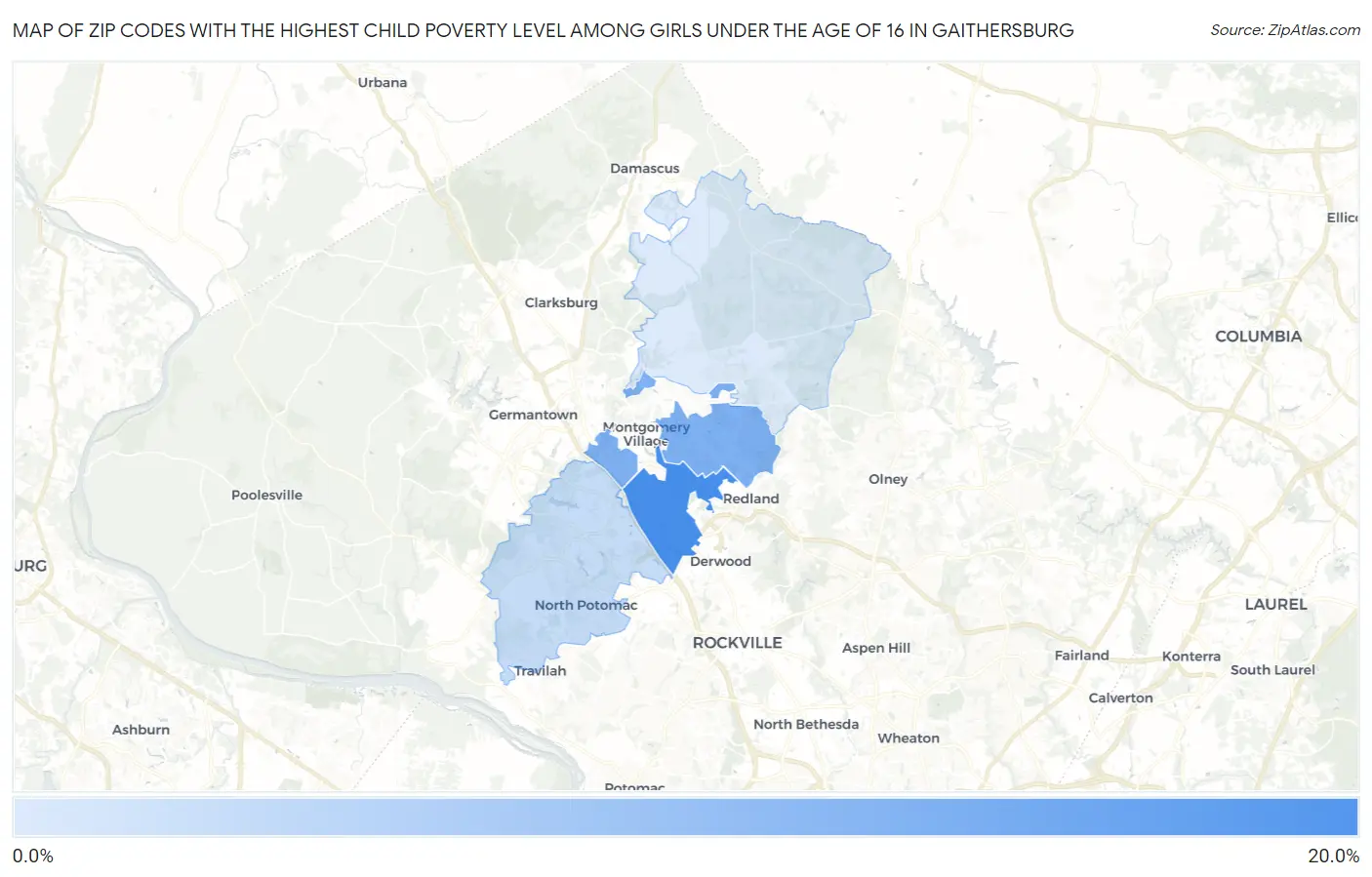 Zip Codes with the Highest Child Poverty Level Among Girls Under the Age of 16 in Gaithersburg Map
