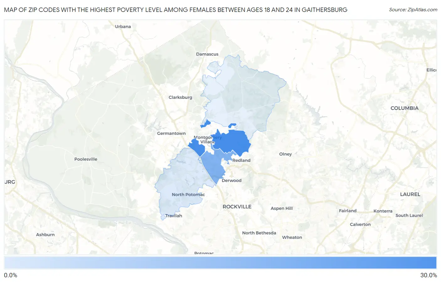 Zip Codes with the Highest Poverty Level Among Females Between Ages 18 and 24 in Gaithersburg Map