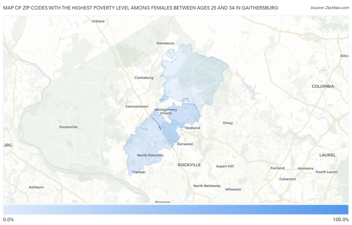 Zip Codes with the Highest Poverty Level Among Females Between Ages 25 and 34 in Gaithersburg Map