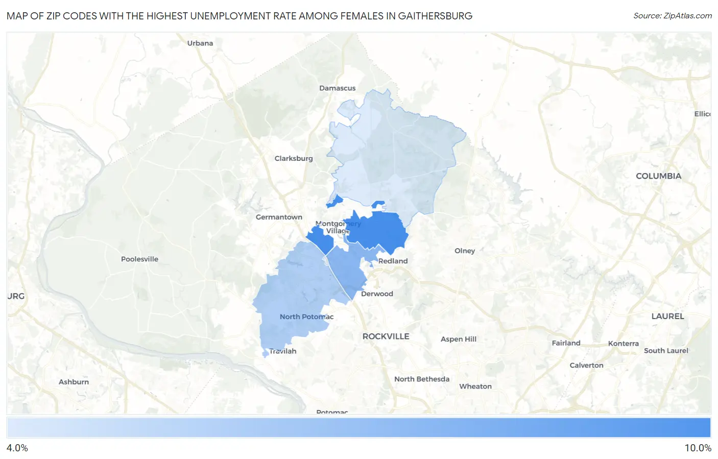 Zip Codes with the Highest Unemployment Rate Among Females in Gaithersburg Map