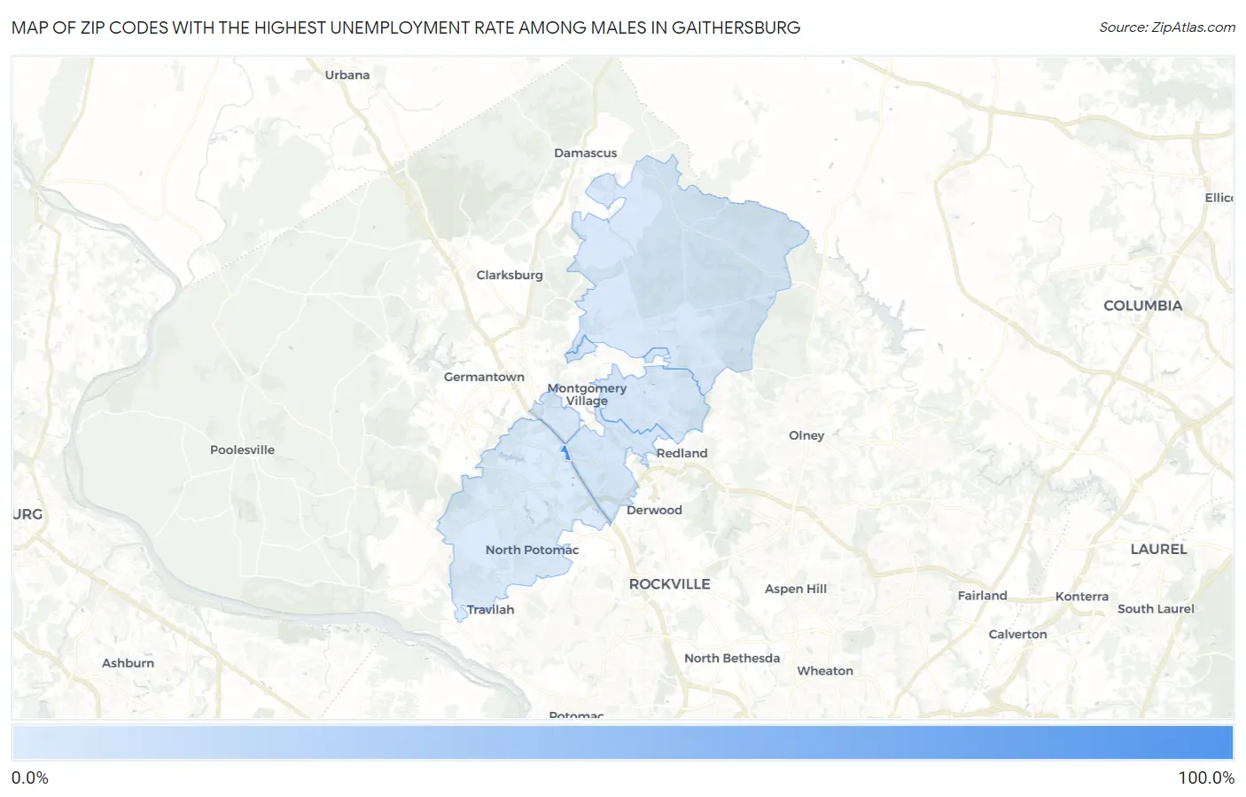 Zip Codes with the Highest Unemployment Rate Among Males in Gaithersburg Map
