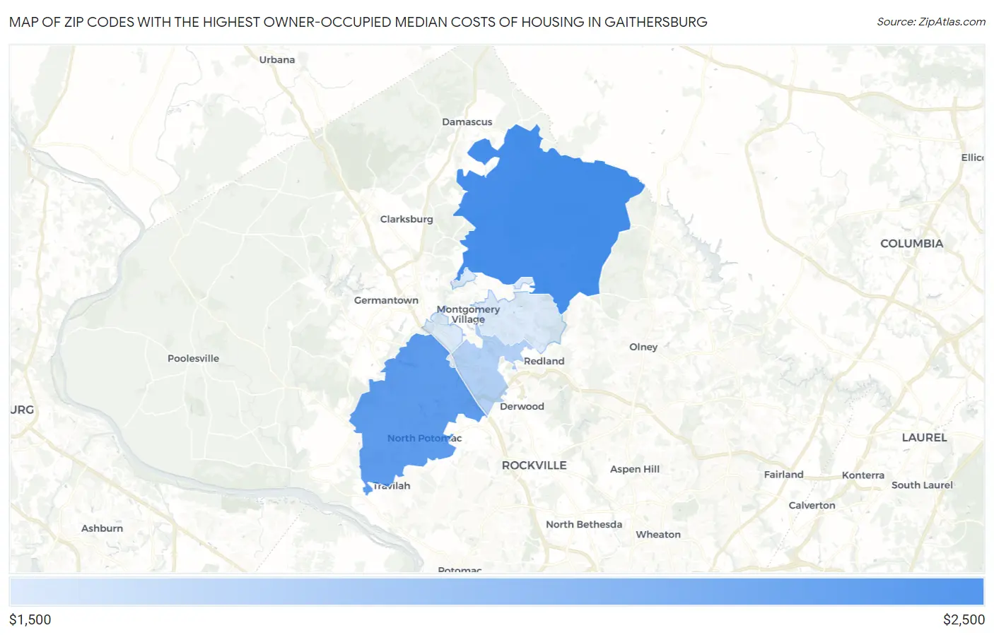 Zip Codes with the Highest Owner-Occupied Median Costs of Housing in Gaithersburg Map