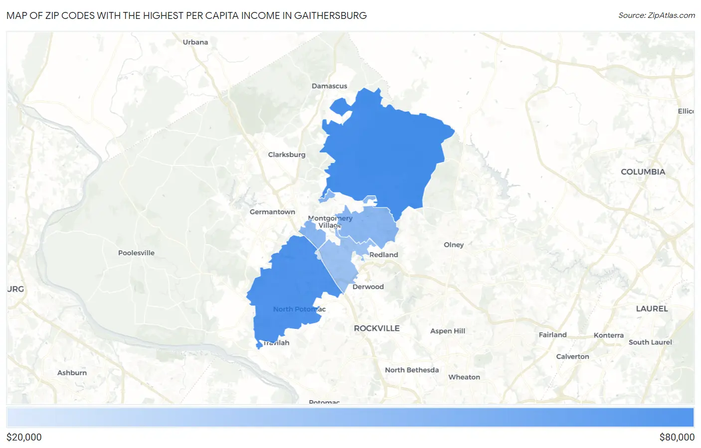 Zip Codes with the Highest Per Capita Income in Gaithersburg Map