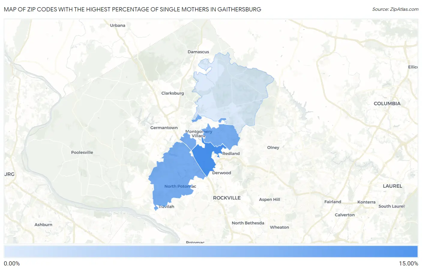 Zip Codes with the Highest Percentage of Single Mothers in Gaithersburg Map
