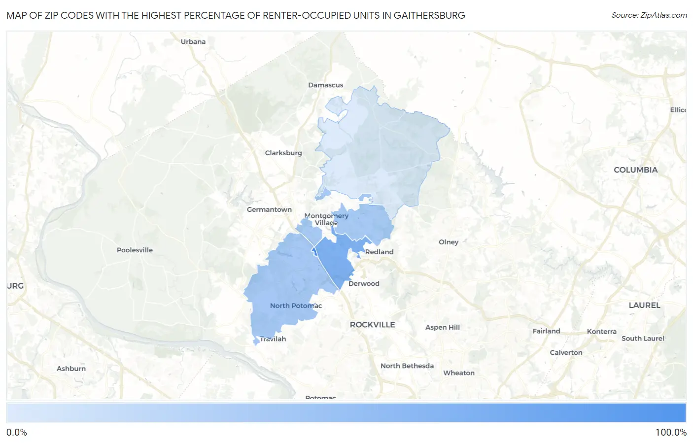 Zip Codes with the Highest Percentage of Renter-Occupied Units in Gaithersburg Map