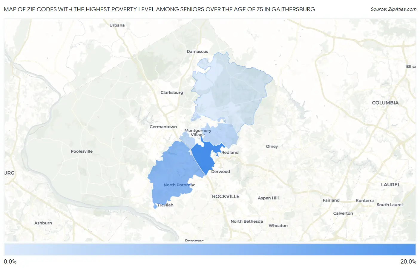Zip Codes with the Highest Poverty Level Among Seniors Over the Age of 75 in Gaithersburg Map