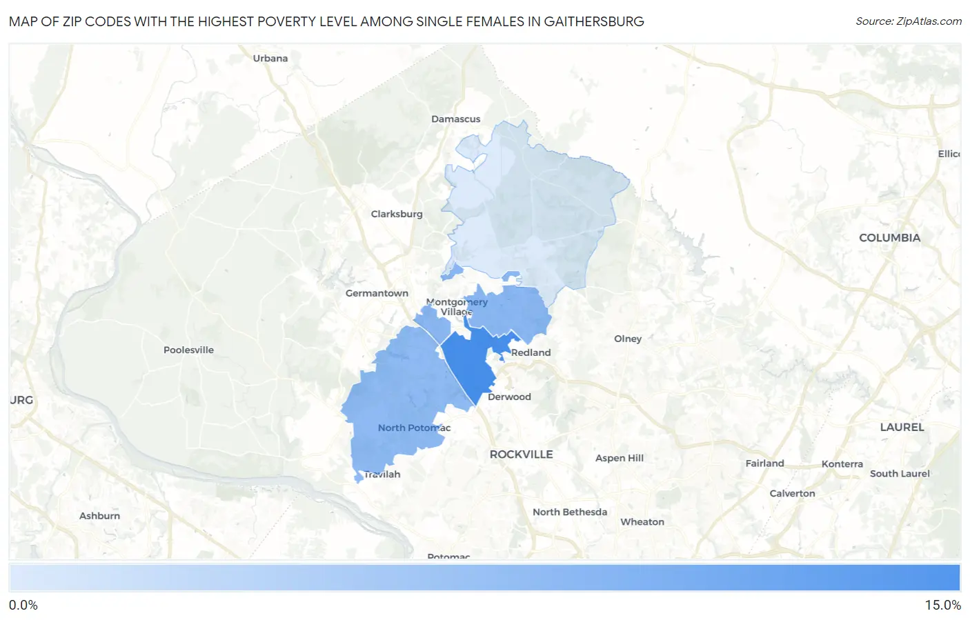 Zip Codes with the Highest Poverty Level Among Single Females in Gaithersburg Map