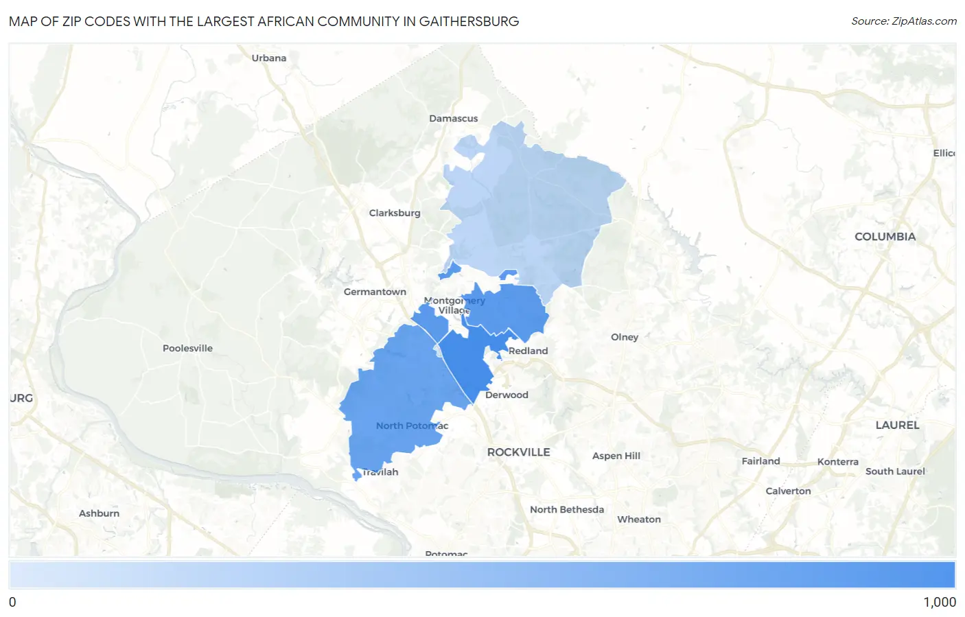 Zip Codes with the Largest African Community in Gaithersburg Map
