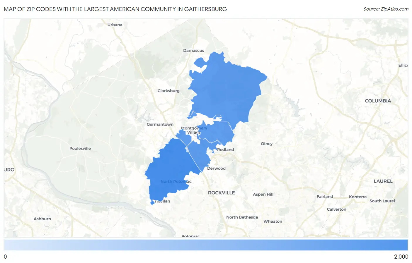 Zip Codes with the Largest American Community in Gaithersburg Map