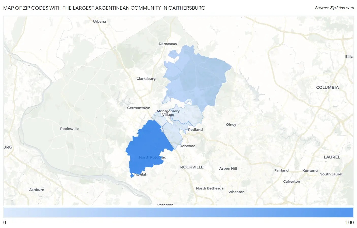 Zip Codes with the Largest Argentinean Community in Gaithersburg Map