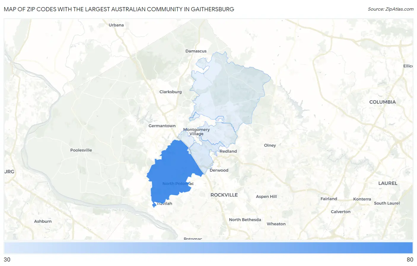 Zip Codes with the Largest Australian Community in Gaithersburg Map