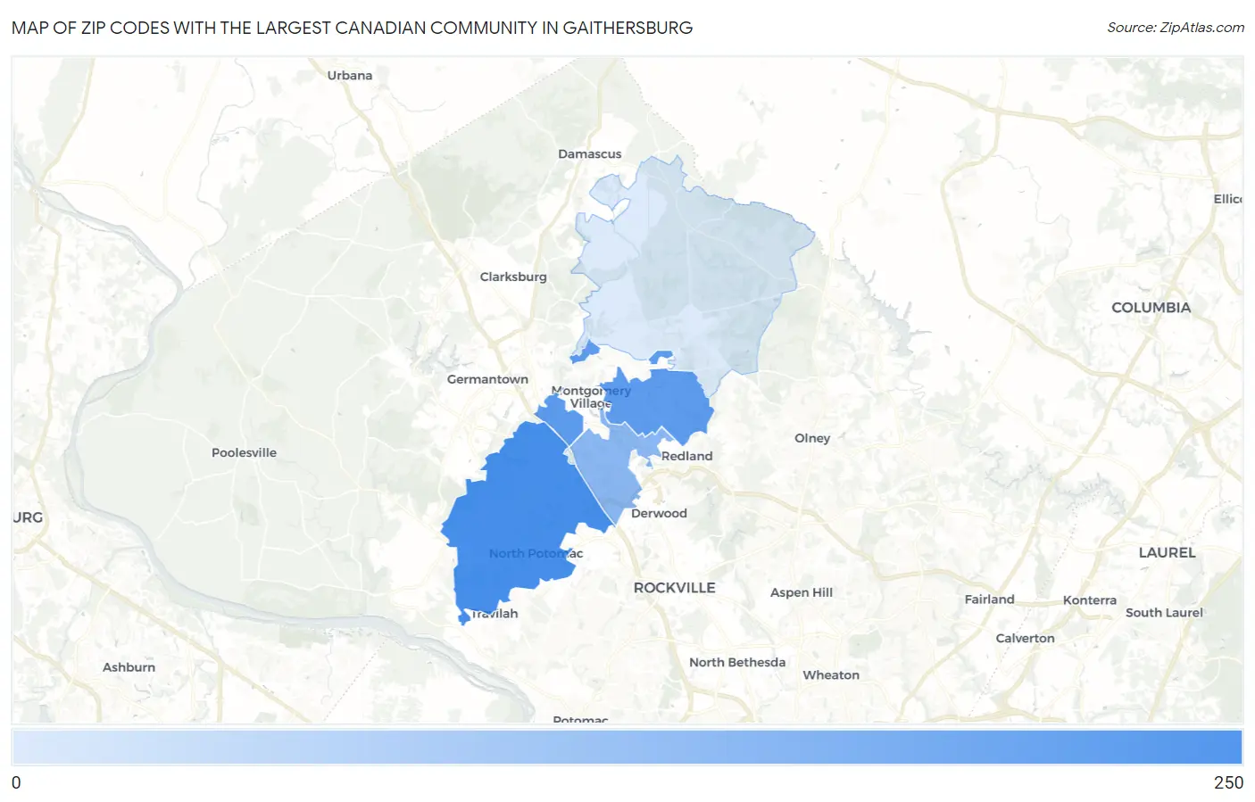 Zip Codes with the Largest Canadian Community in Gaithersburg Map