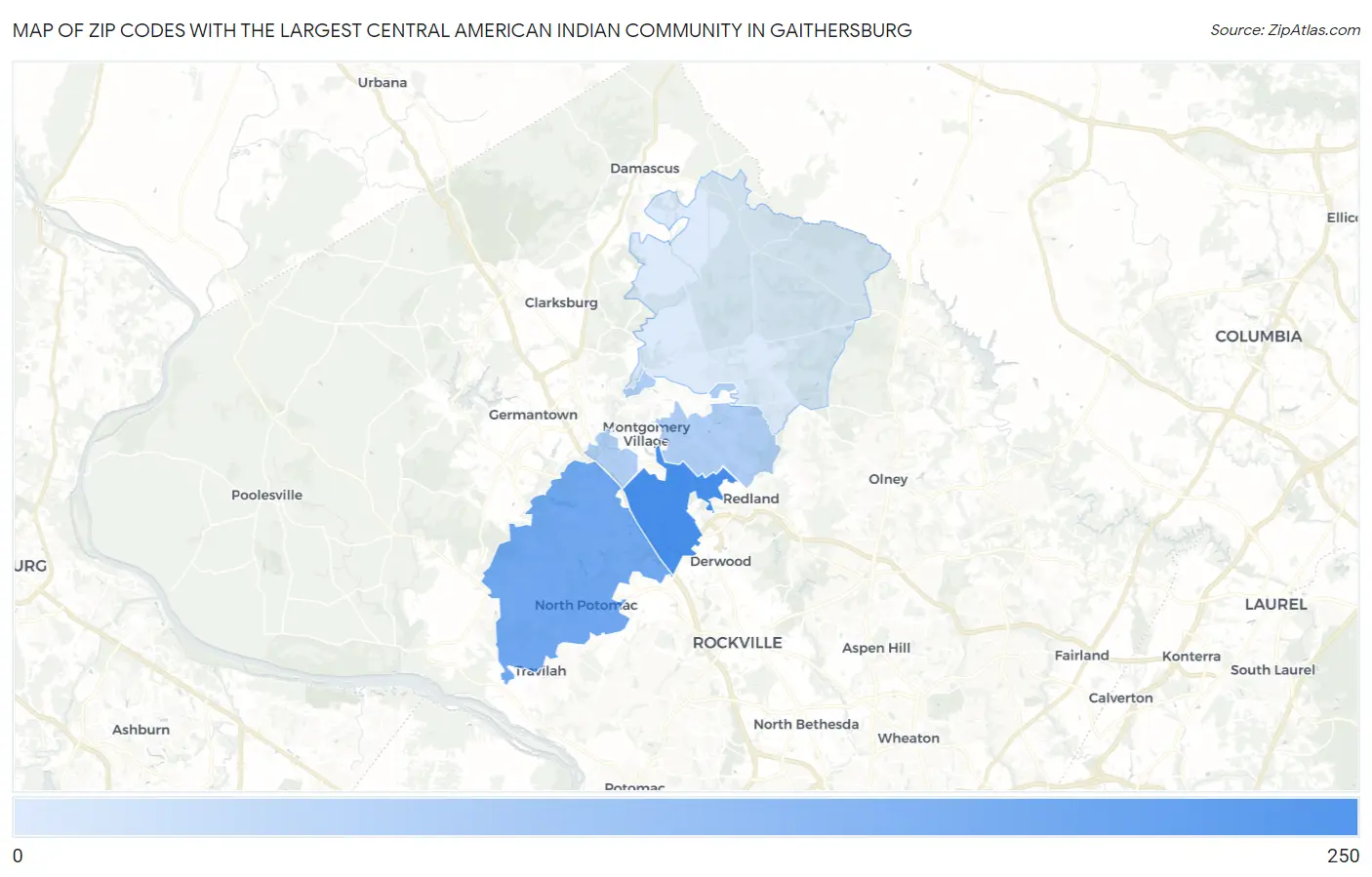 Zip Codes with the Largest Central American Indian Community in Gaithersburg Map