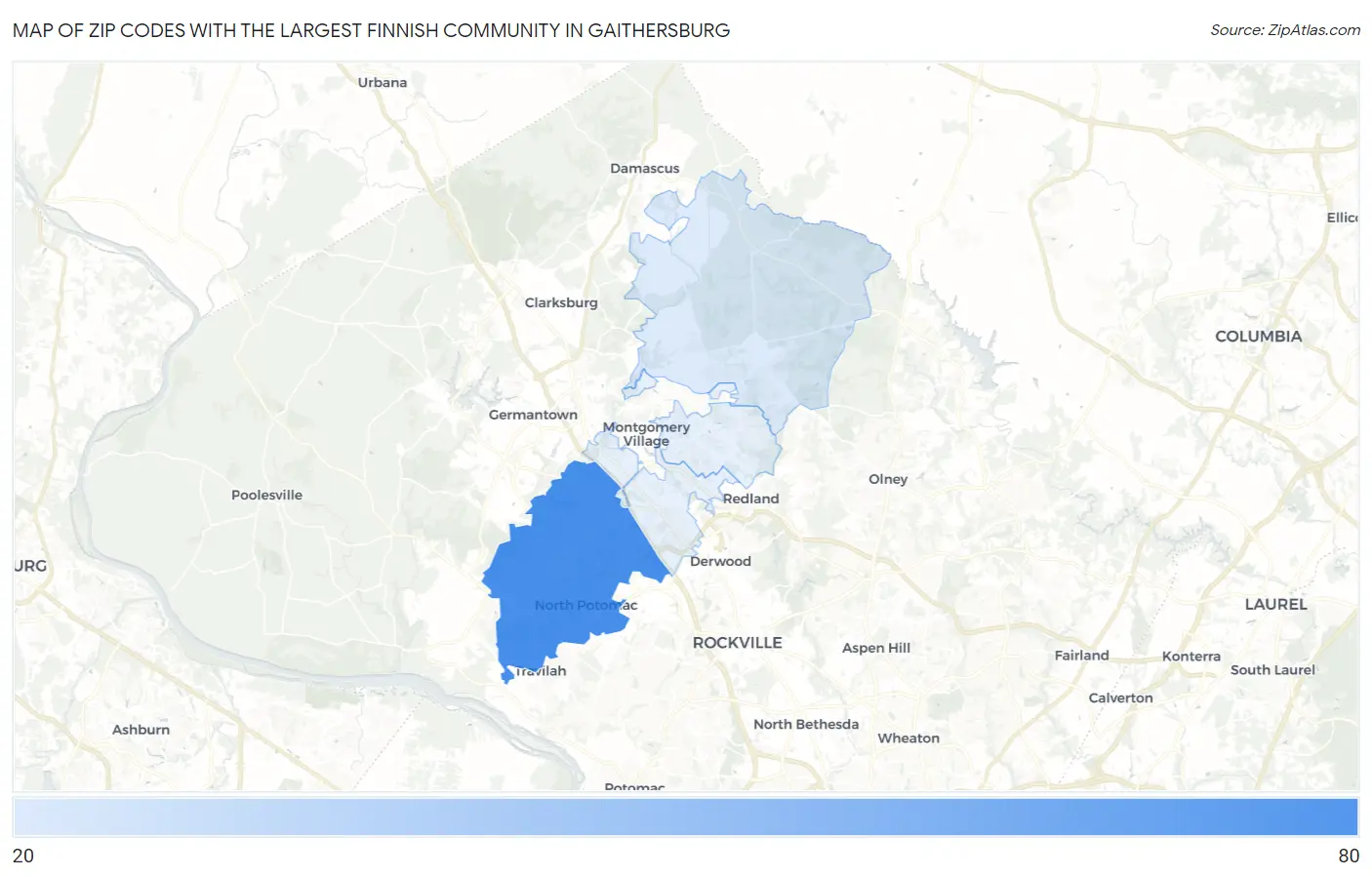 Zip Codes with the Largest Finnish Community in Gaithersburg Map