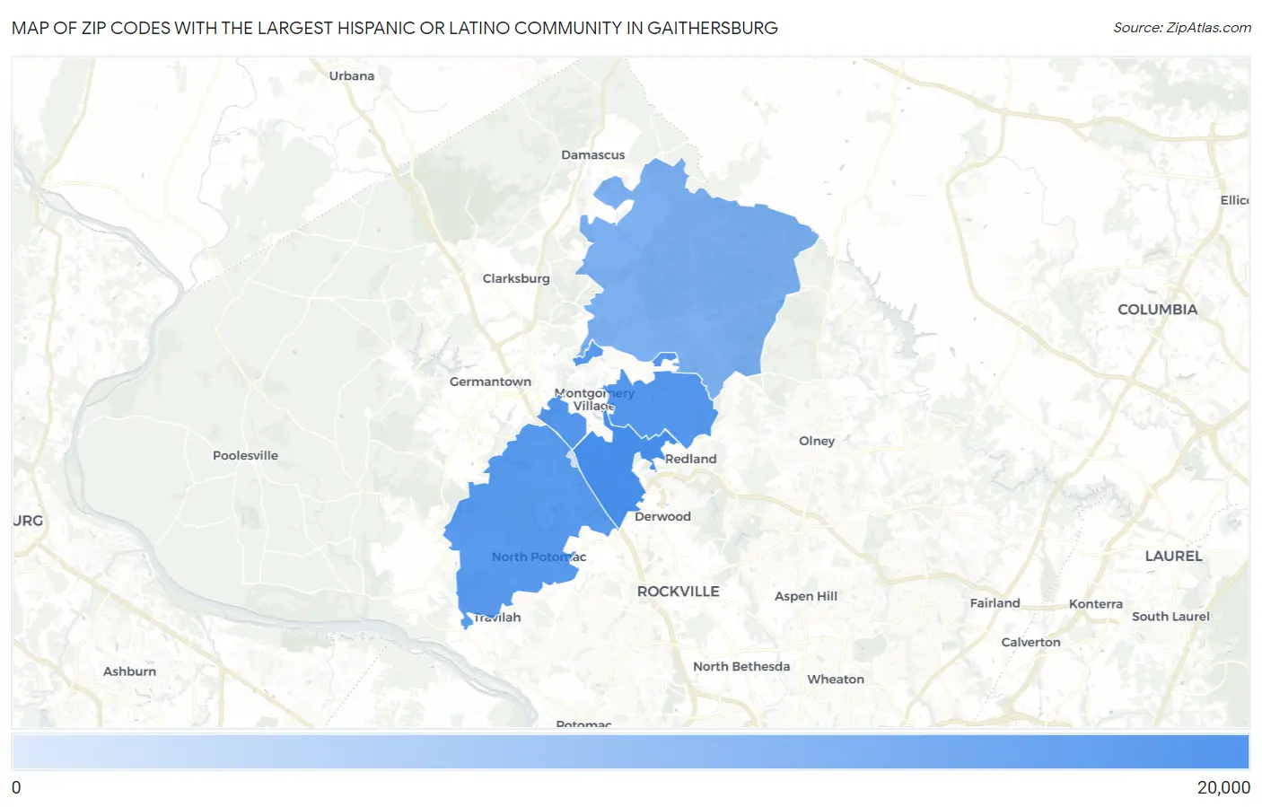 Zip Codes with the Largest Hispanic or Latino Community in Gaithersburg Map