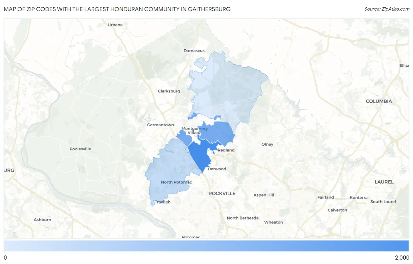 Zip Codes with the Largest Honduran Community in Gaithersburg Map