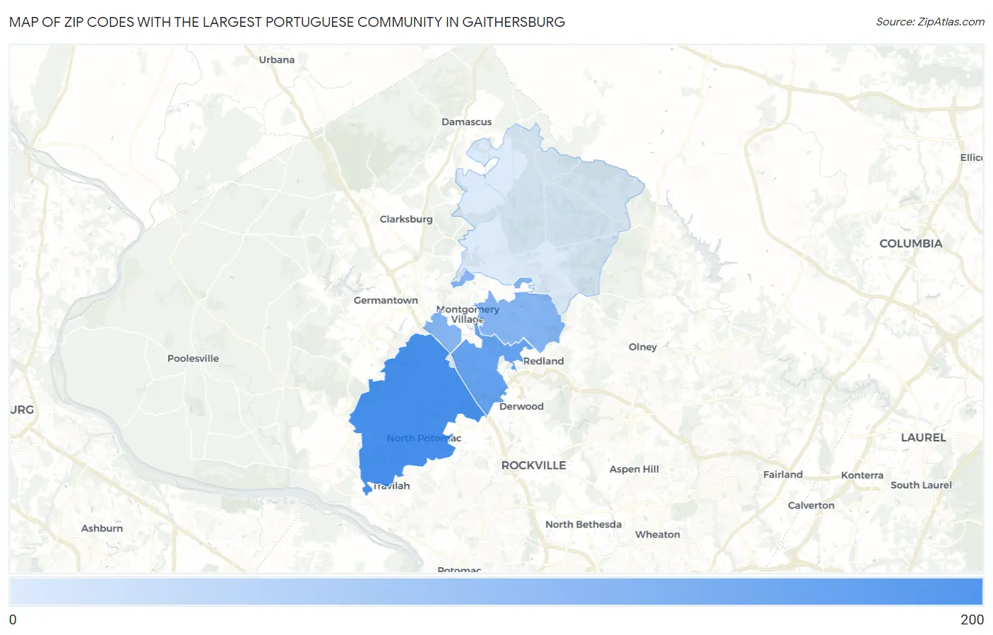 Zip Codes with the Largest Portuguese Community in Gaithersburg Map