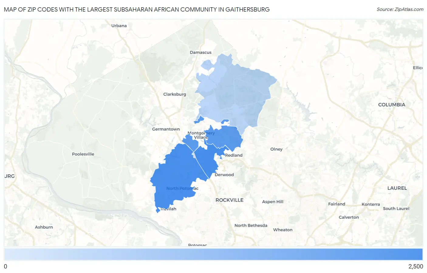 Zip Codes with the Largest Subsaharan African Community in Gaithersburg Map