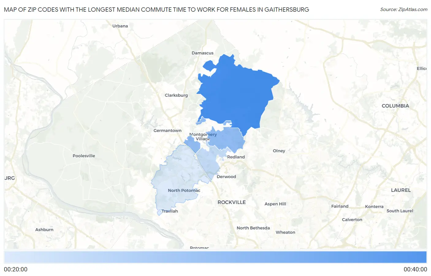 Zip Codes with the Longest Median Commute Time to Work for Females in Gaithersburg Map