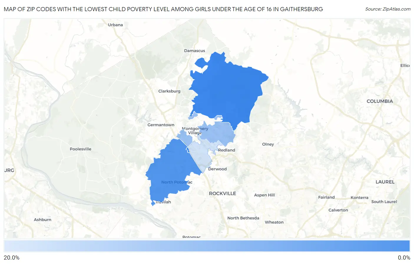 Zip Codes with the Lowest Child Poverty Level Among Girls Under the Age of 16 in Gaithersburg Map