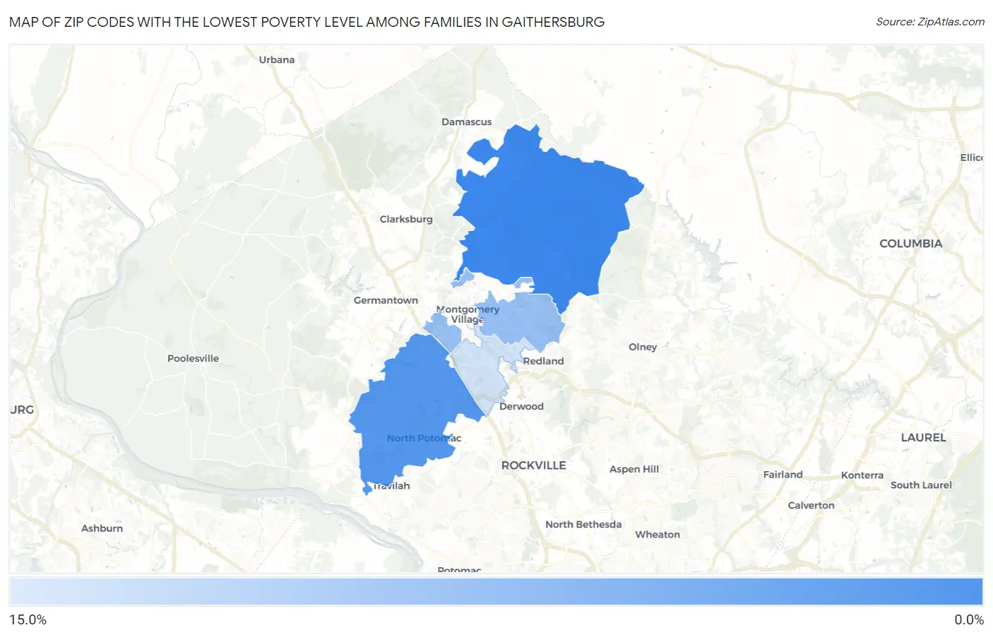 Zip Codes with the Lowest Poverty Level Among Families in Gaithersburg Map